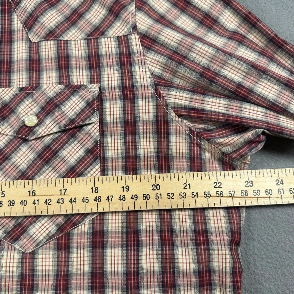 Banana Republic Mens Slim Fit Western Plaid Snap Button Shirt Red Cream Large